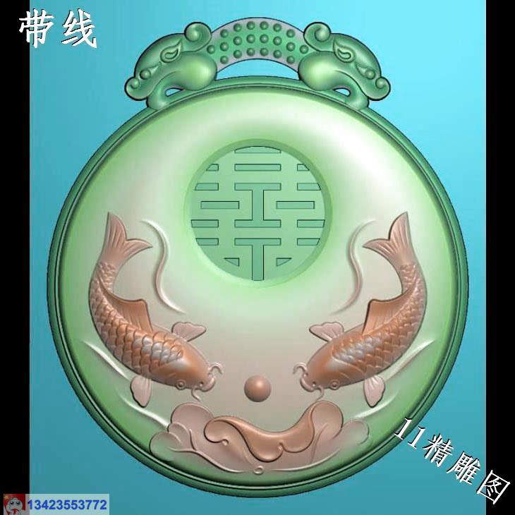 圆形双龙牌头双鱼吐宝挂件精雕图 