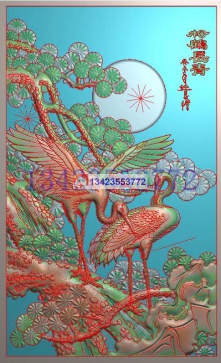 带线填色松鹤长青山水风景书画精雕图浮雕灰度图雕刻图石雕木雕图