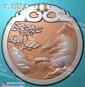 阁楼 山水圆牌 精雕图 浮雕图 玉雕图