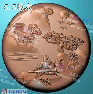 阁楼 山水圆牌 精雕图 浮雕图 玉雕图