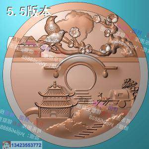 阁楼 山水圆牌 精雕图 浮雕图 玉雕图