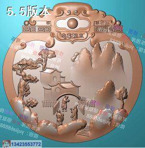 阁楼 山水圆牌 精雕图 浮雕图 玉雕图