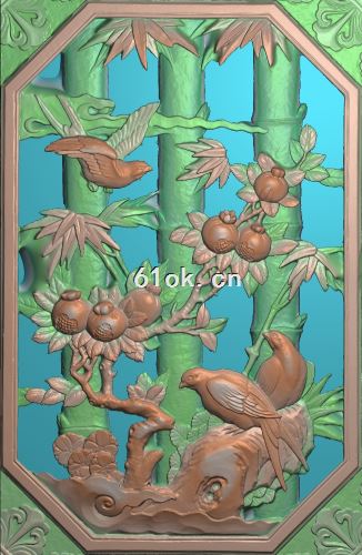 古建窗户竹石榴鸟扫描图 