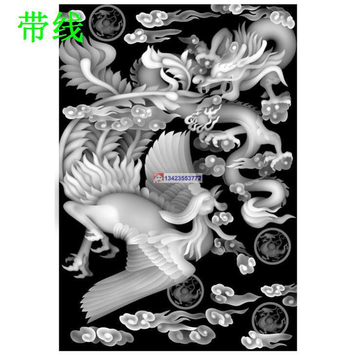 LF-038四象图石雕龙凤竖板精雕图灰度图沙发龙凤竖屏精雕图
