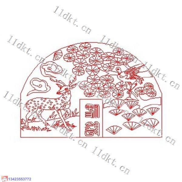 墓碑碑头祥云仙鹤与鹿矢量线雕图