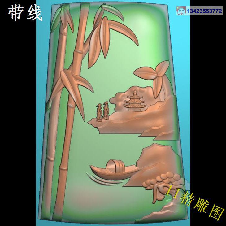 竹子山水人物小船挂件带线精雕图