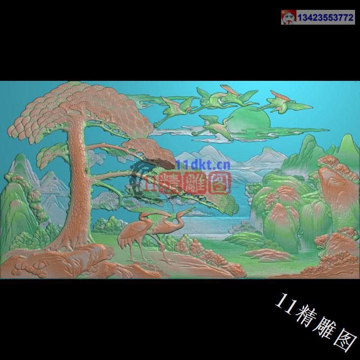 中式迎客松仙鹤扫描图精雕图