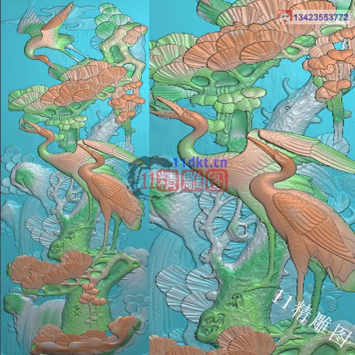 中式迎客松仙鹤扫描图精雕图
