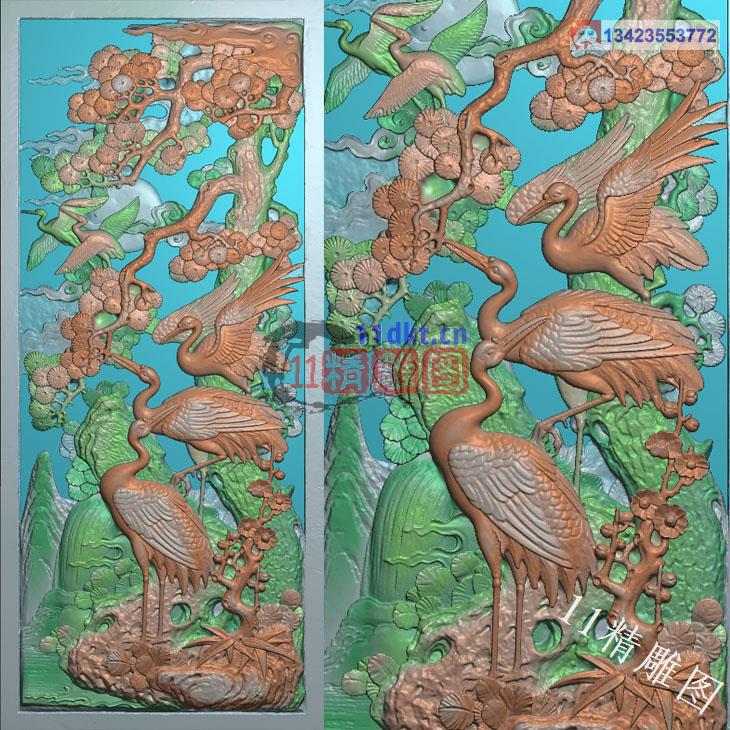 中式迎客松仙鹤扫描图精雕图