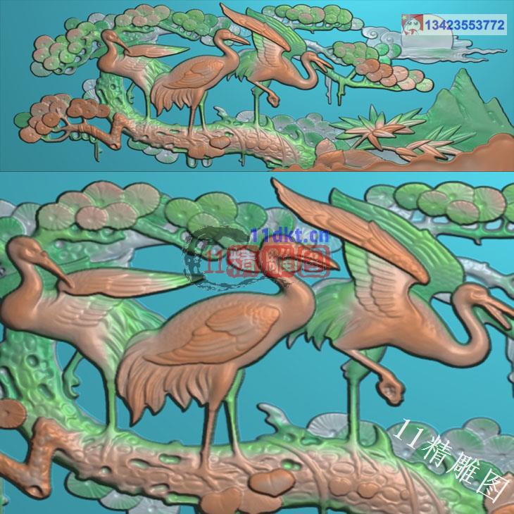 中式迎客松仙鹤扫描图精雕图
