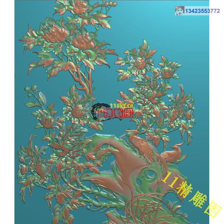 国色天香精雕图牡丹花鸟横屏风挂屏花开富贵木雕石雕图jdp