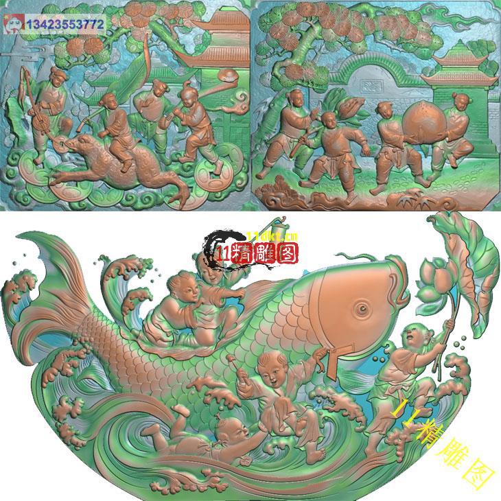 潮汕祠堂古建精雕图童子与鱼刘海戏金蟾百年合好