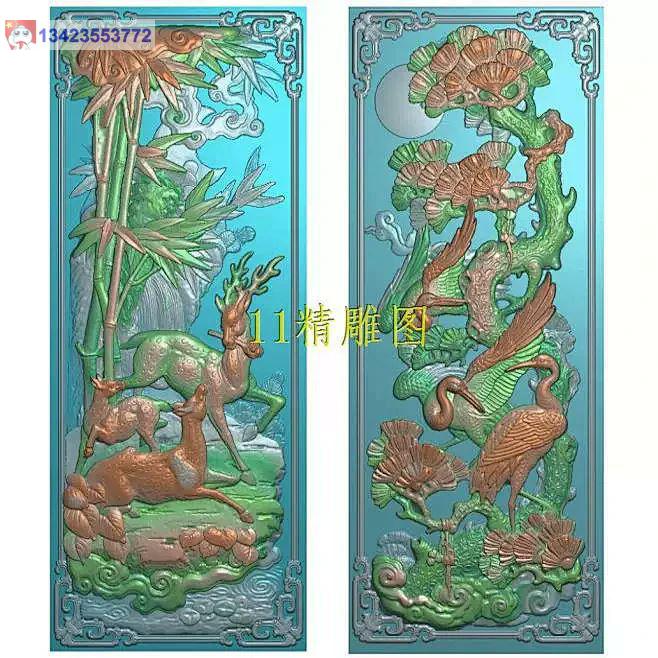 新款松鹤延年鹿竹同春古建浮雕精雕图宗祠门楼壁堵石雕扫描竖屏