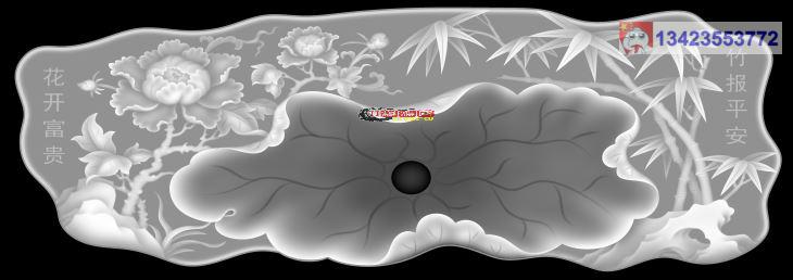 竹子牡丹大茶盘精雕+灰度图