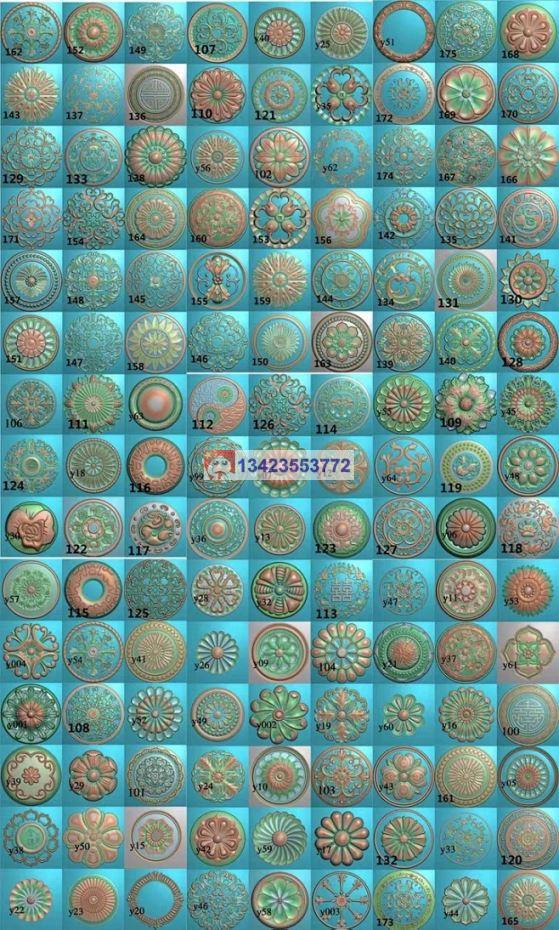140个圆形圆盘洋花门花背板贴花精雕图灰度图木雕圆门花