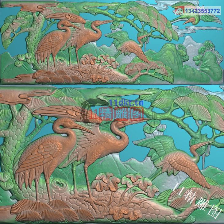 中式迎客松仙鹤扫描图精雕图