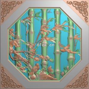 古建窗户竹子鸟带线精雕图 