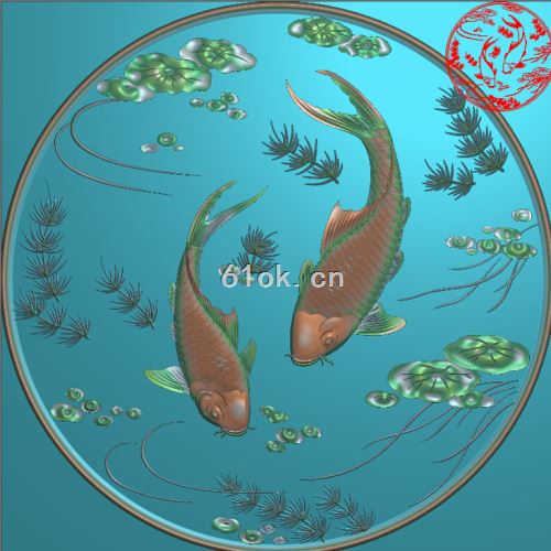中式鲤鱼荷叶水草圆形精雕图 